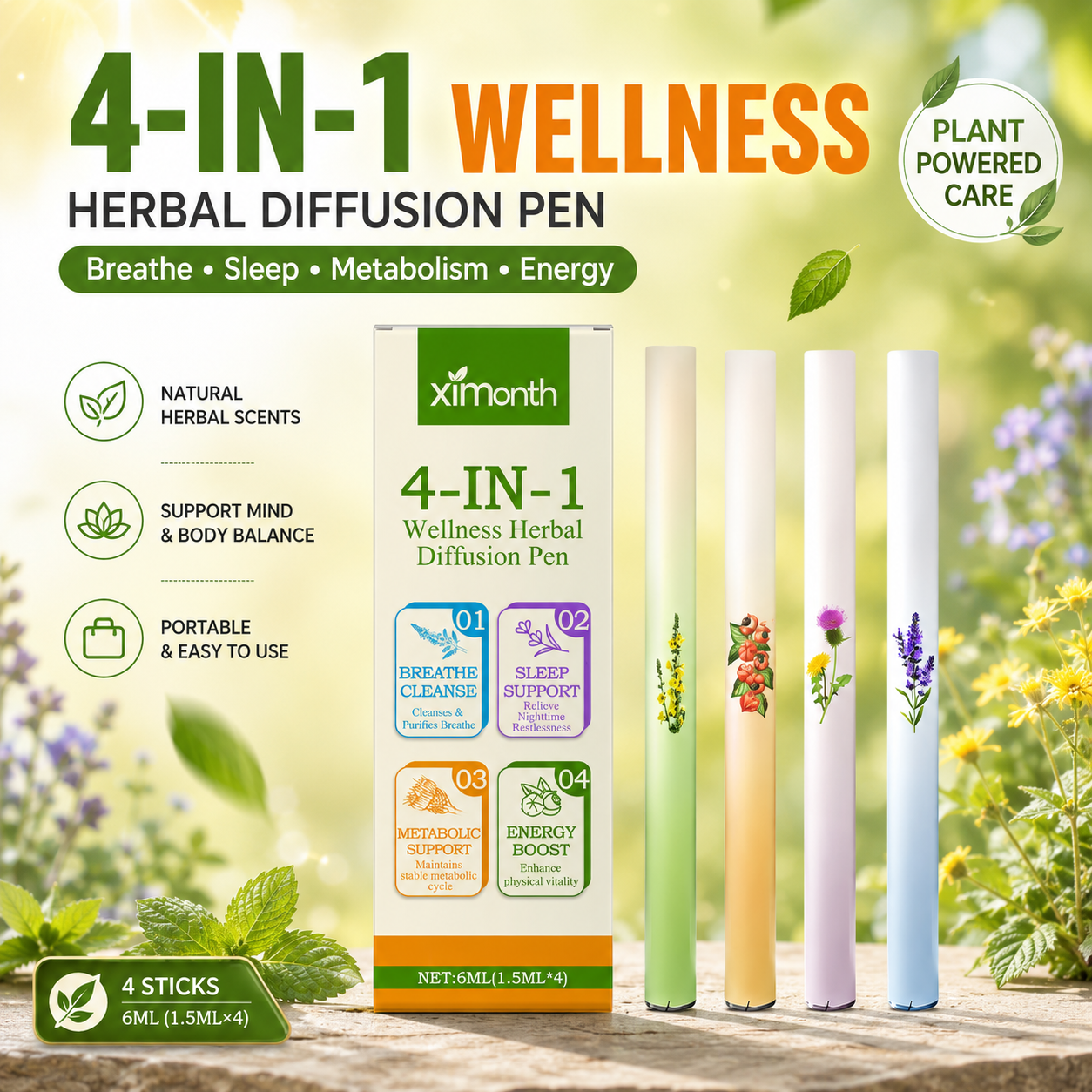 ปากกา Herbal Diffusion - ช่วยให้หายใจและนอนหลับได้ดีขึ้น & อารมณ์ดีขึ้น, 4 in 1 ดีท็อกซ์ตับเพื่อสุขภาพ, ปากกา Diffuser กลิ่นหอมอ่อนโยนและสดชื่น, 1.5มล.*4 (1 แพ็ค)
