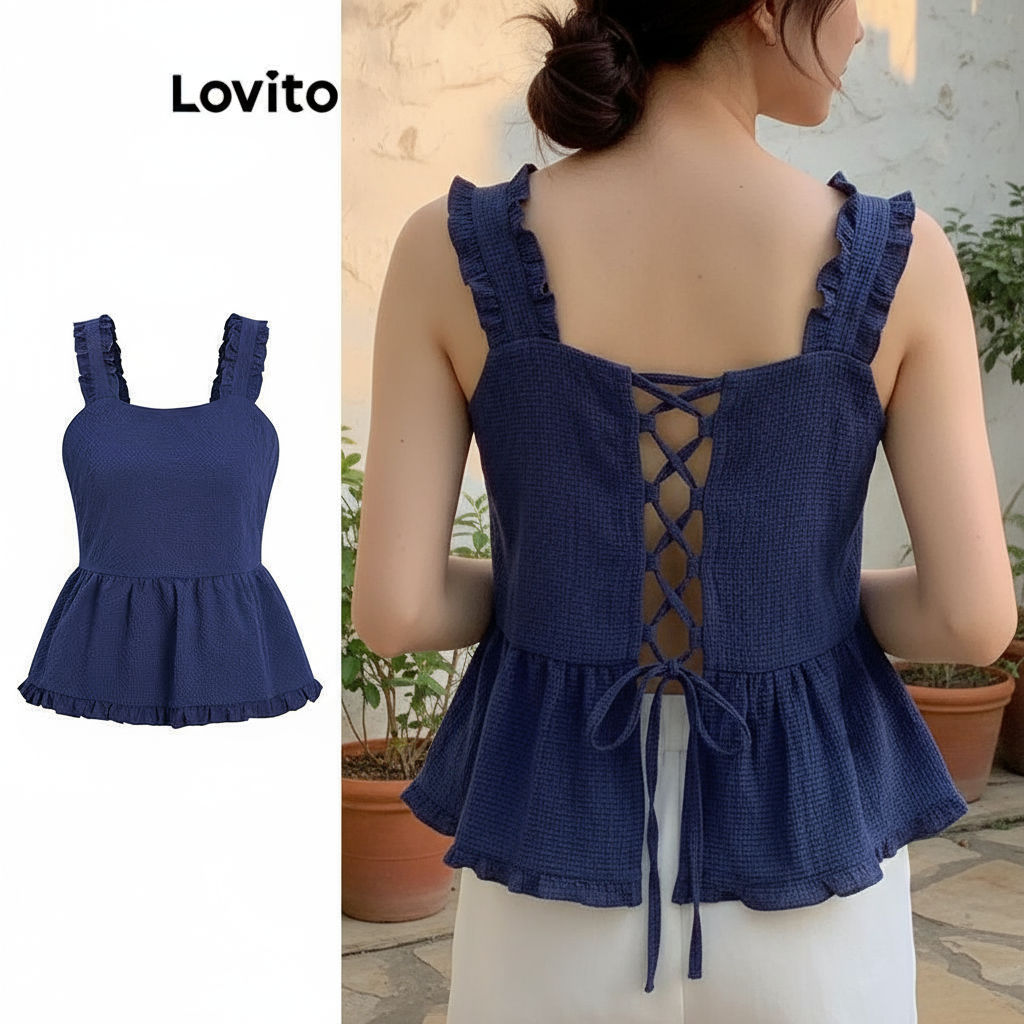 Lovito เสื้อกล้ามลําลอง ลายกิงแฮมระบายชายเสื้อTie เสื้อกล้ามด้านหลังสําหรับผู้หญิง L96MD168\6