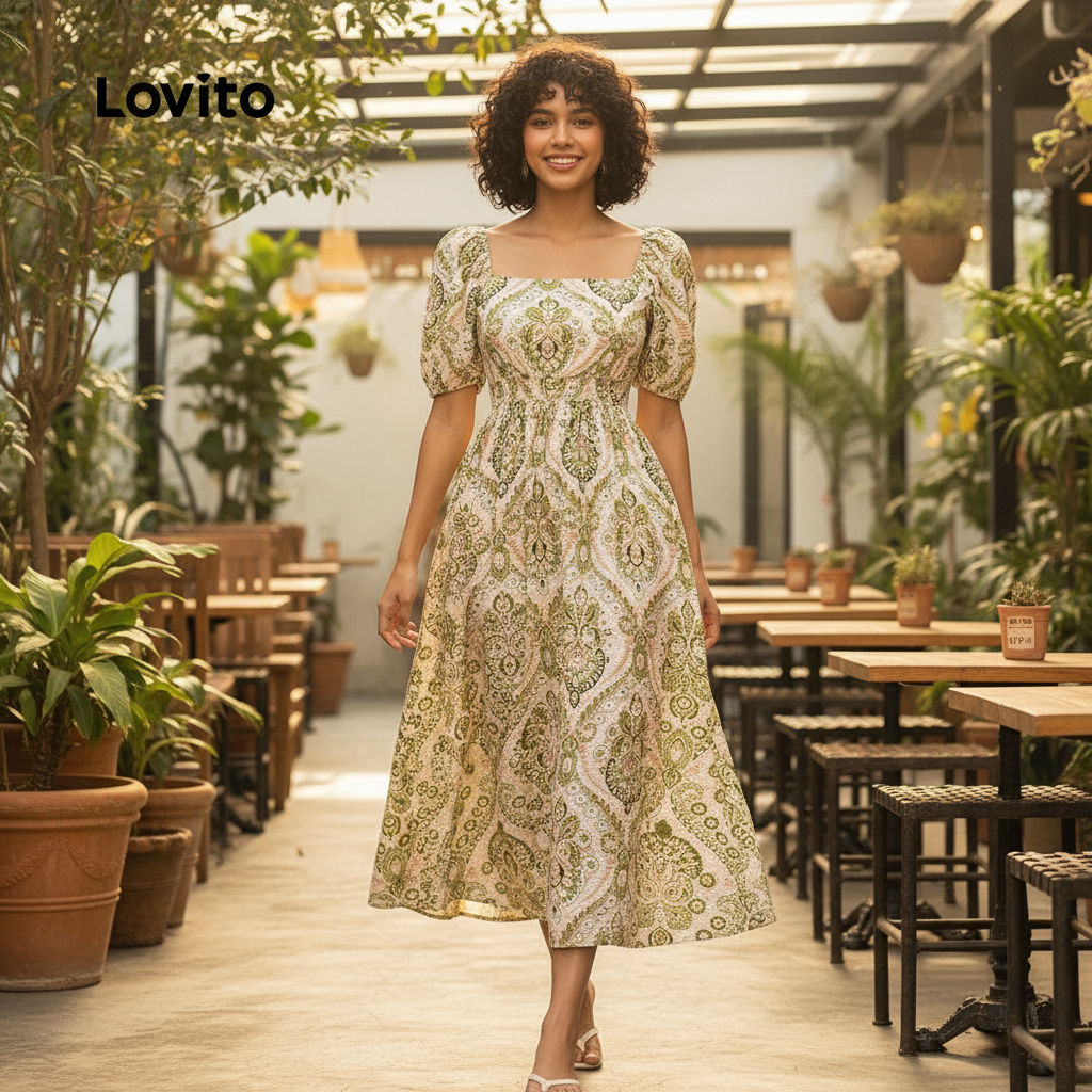 Lovito ชุดเดรสสไตล์โบฮีเมียนสำหรับคริสต์มาส/ปาร์ตี้ ทรงเข้ารูป เดรสฤดูใบไม้ผลิ/ฤดูร้อนสำหรับผู้หญิง 