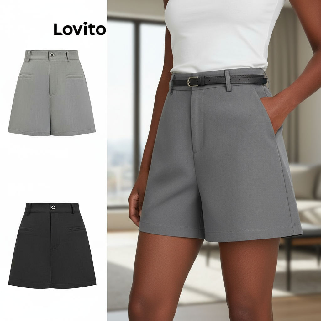 Lovito กางเกงขาสั้นลําลอง กางเกงขาสั้นกระเป๋าปลอมจีบธรรมดาสําหรับผู้หญิง LNE57601\2