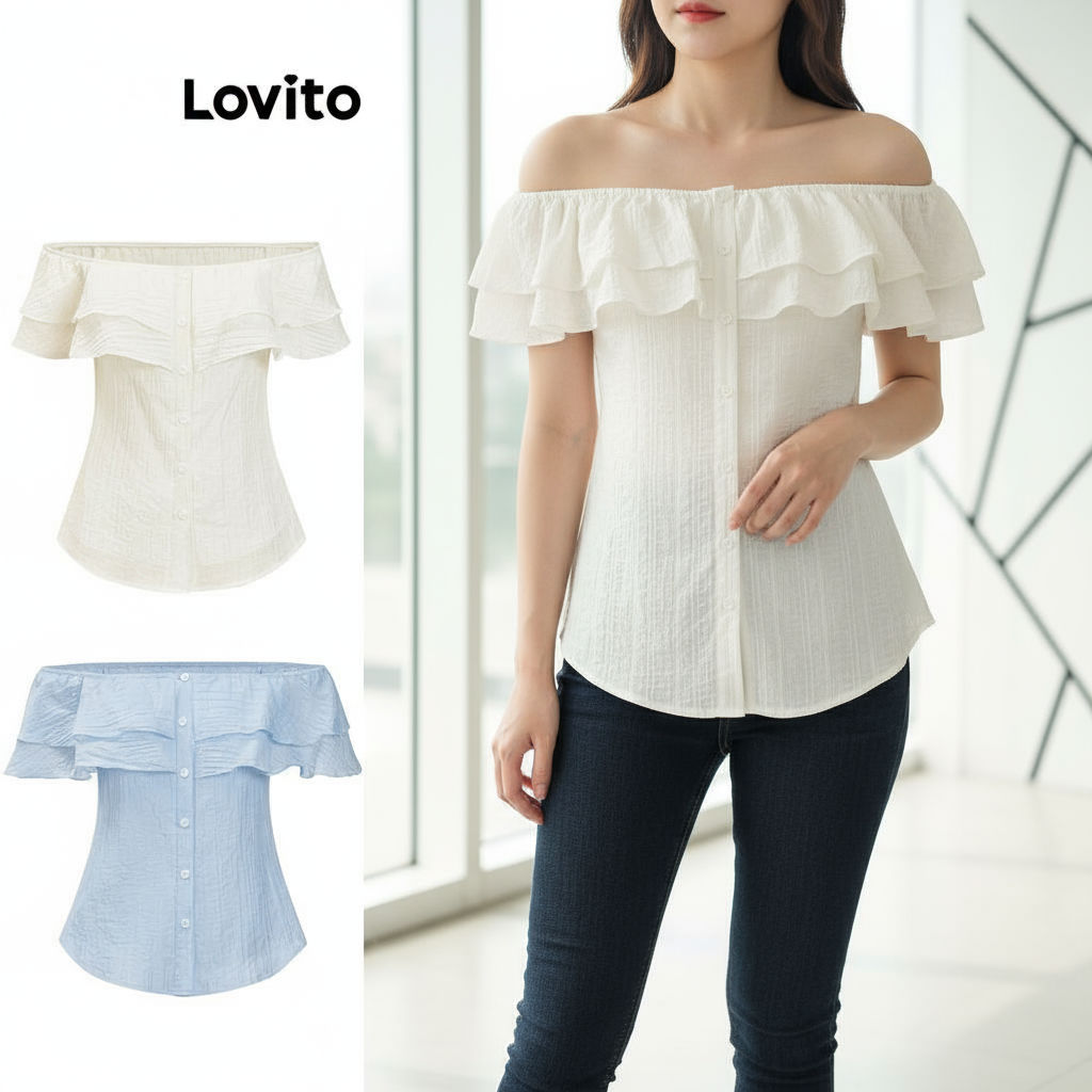 Lovito เสื้อผู้หญิงลําลองผ้าผิวเรียบระบายแต่งกระดุมฤดูใบไม้ผลิและฤดูร้อน L79AD128\5