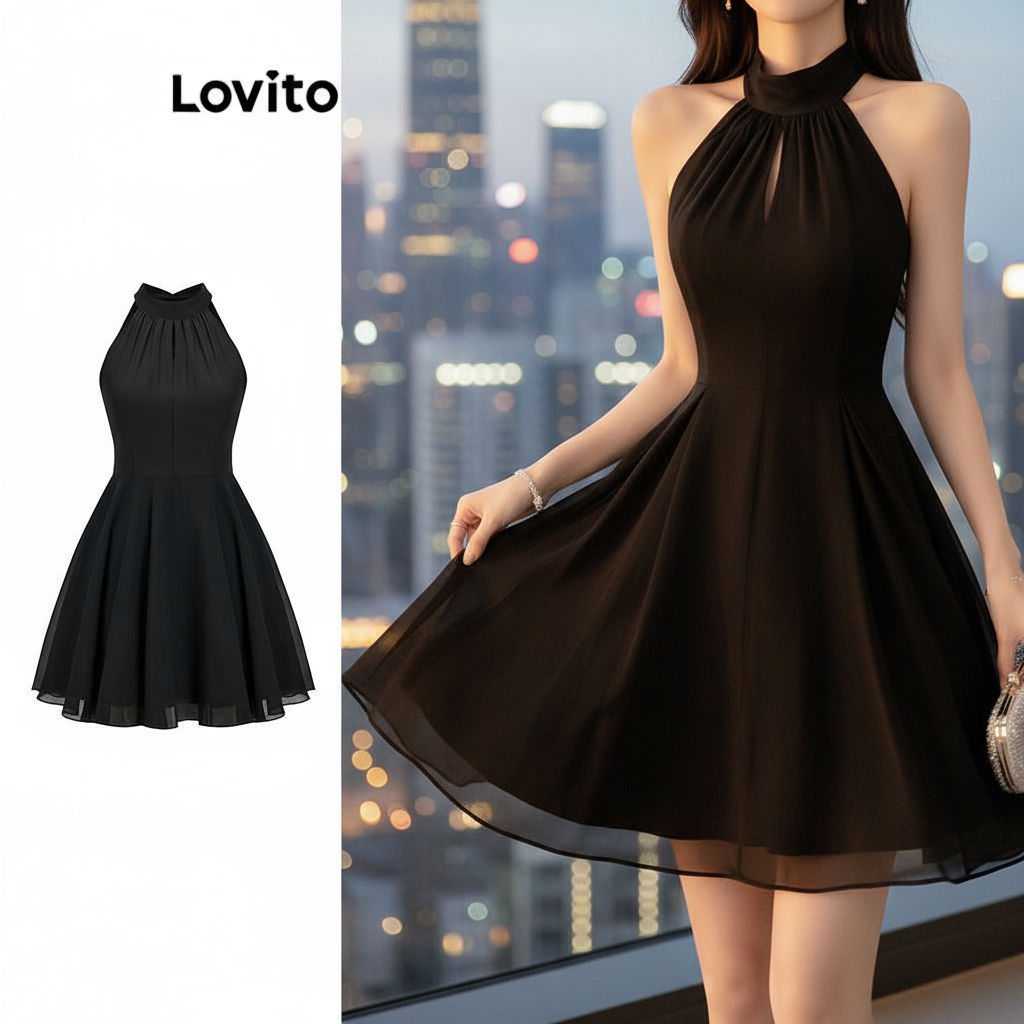 Lovito เดรสผู้หญิงหรูหรา สายผูกด้านหลังสองชั้น ดีไซน์เรียบง่าย L80ED448\6