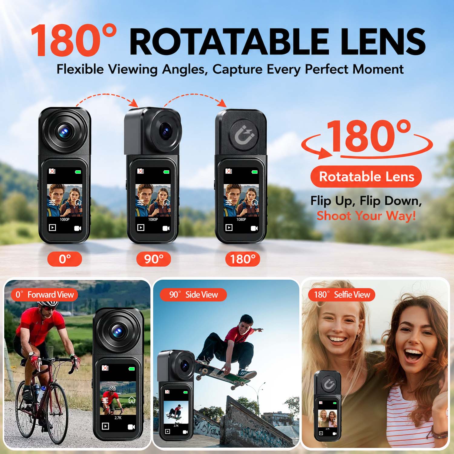 กล้องวิดีโอวิดีโอมินิพ็อกเก็ตกล้องแอ็คชั่นพร้อมวิดีโอ 2.7K 12MP Photo 180 เลนส์หมุนได้แม่เหล็กเชือกเ