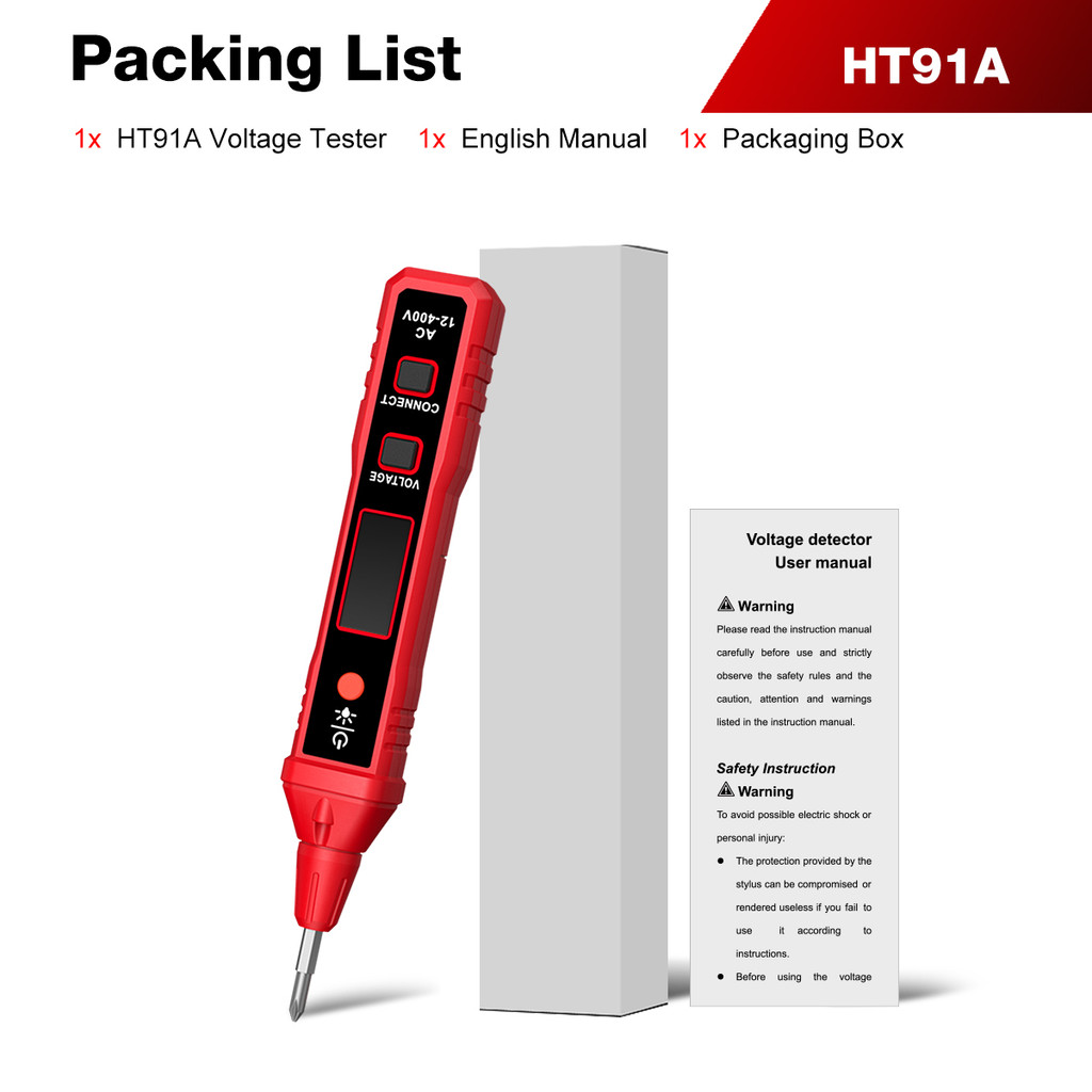 ปากกาทดสอบไฟ LCD มีไฟพื้นหลัง – HABOTEST HT91A, มี NCV, 12–400V AC, สําหรับทดสอบสายไฟและสายเคเบิล