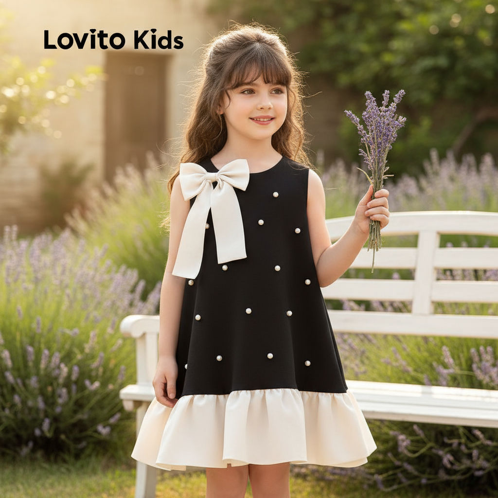 Lovito เดรสสีดําและขาวเด็กน่ารักแต่งโบว์ระบายทุกฤดูสําหรับเด็กผู้หญิง LNL106031
