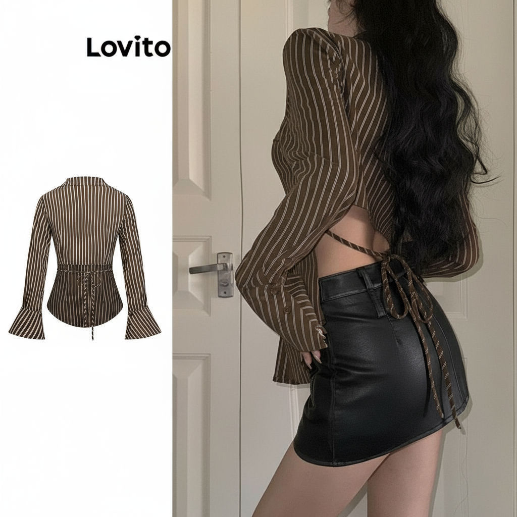 Lovito เสื้อผู้หญิง ลายเส้น ผูกหลัง ลําลอง แขนตุ๊กตา สไตล์ L106AD249\3