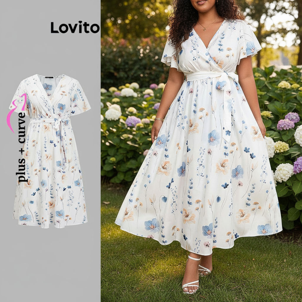 Lovito เดรสโค้งขนาดใหญ่ สไตล์โบฮีเมียน ลายดอกไม้ ผูกเชือก สําหรับผู้หญิง LBL18750\6