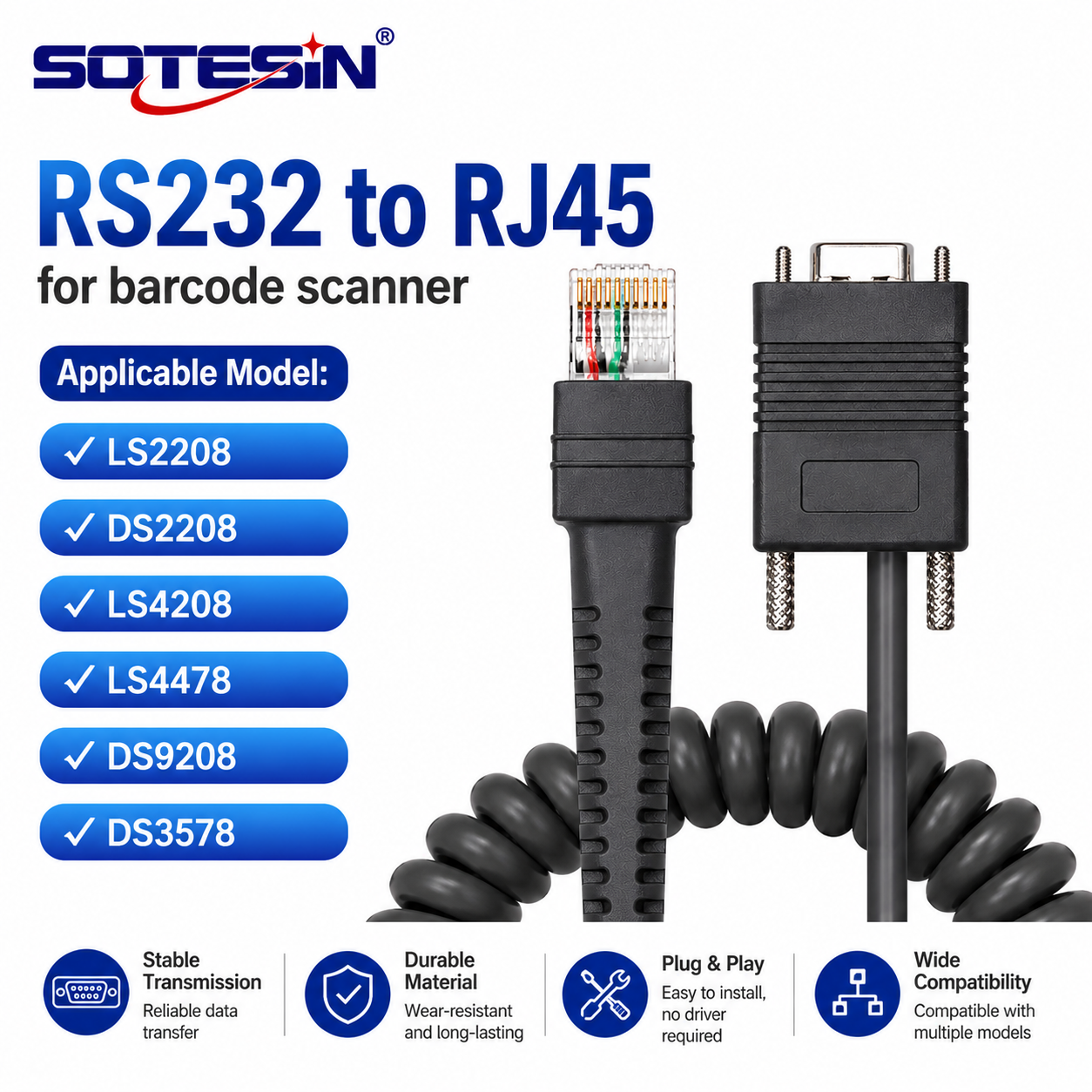 สายแปลง Sotesin Coiled RS232 to RJ45 สําหรับเครื่องสแกนบาร์โค้ด Motorola
