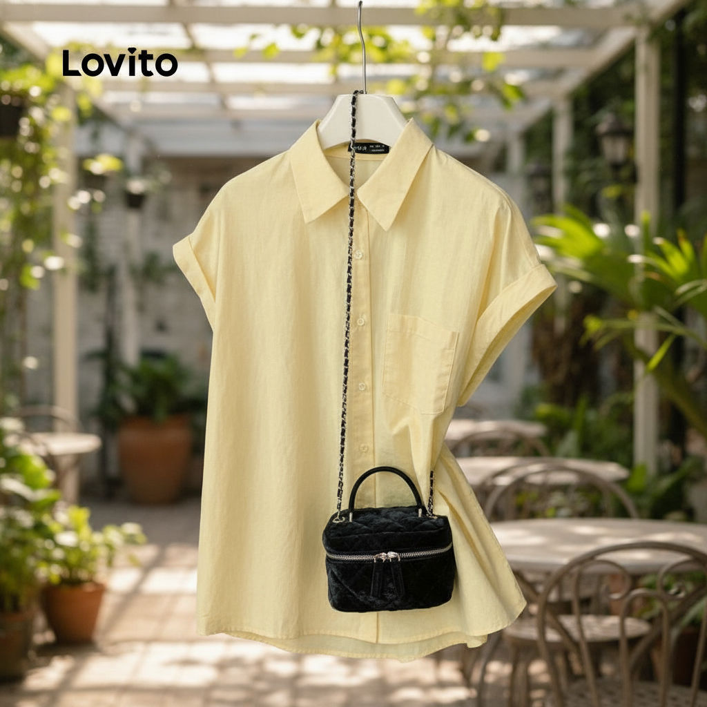 (trendy3)Lovito เสื้อเชิ้ตลำลองแบบปุ่ม เสื้อแขนยาวสำหรับฤดูใบไม้ผลิ/ฤดูร้อน สีเหลือง สำหรับผู้หญิง L