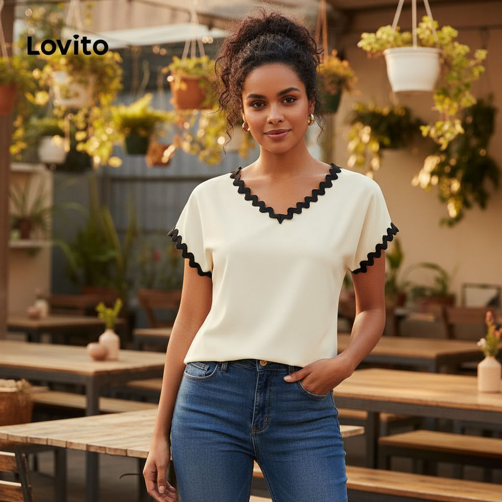 Lovito เสื้อลําลองเสื้อคอระบายธรรมดาสําหรับผู้หญิง LBL19435