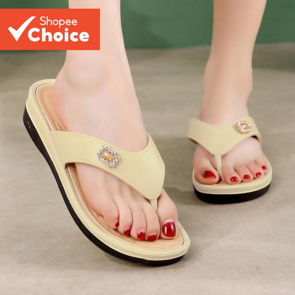 Casual Plain Pearls Rhinestone หนาด้านล่างสวมใส่นอกรองเท้าแตะแบนสําหรับผู้หญิง LFA60399