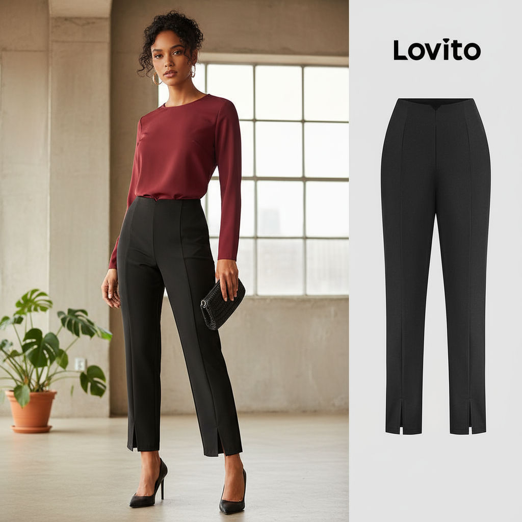 (trendy5)Lovito กางเกงซิปธรรมดาหรูหราสําหรับผู้หญิง L128ED777