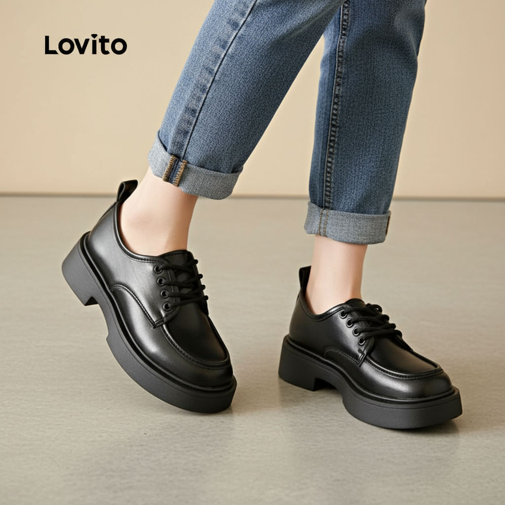 Lovito รองเท้าหนังสีดําสไตล์วินเทจอังกฤษ ผูกเชือกโลฟเฟอร์ย้อนยุค สําหรับผู้หญิง LFA76314\6