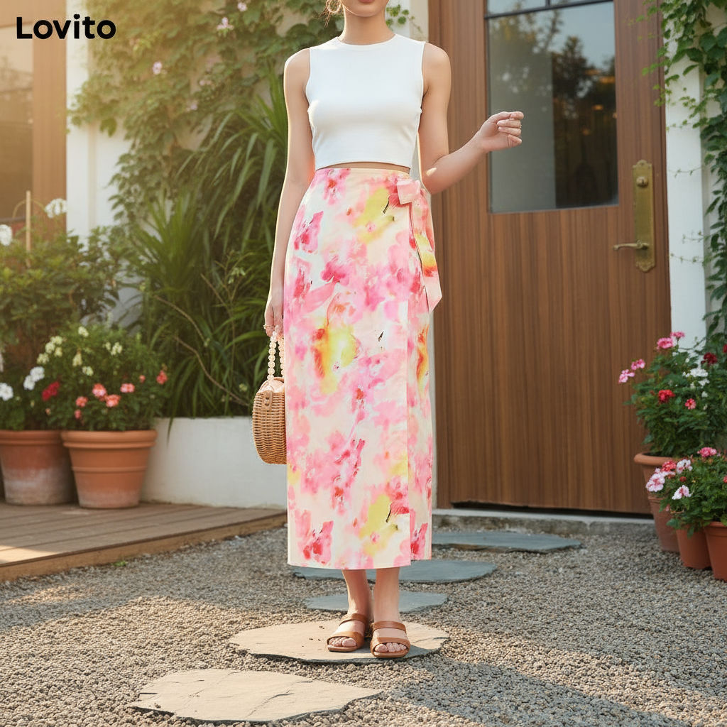 Lovito กระโปรงผู้หญิง ลายดอก ผูกเชือก สไตล์โบโฮ L99ED709\3