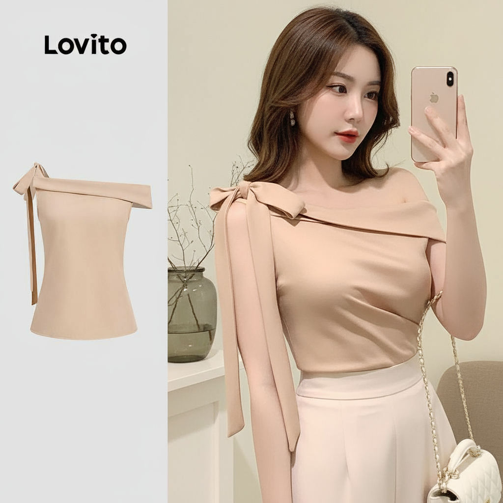 trendy5-Lovito เสื้อเชิ้ตชนิดเก๋ไก๋แบบเอียงคอผูกด้านหน้าสำหรับผู้หญิง สไตล์ฤดูใบไม้ผลิ/ฤดูร้อน สีคาข