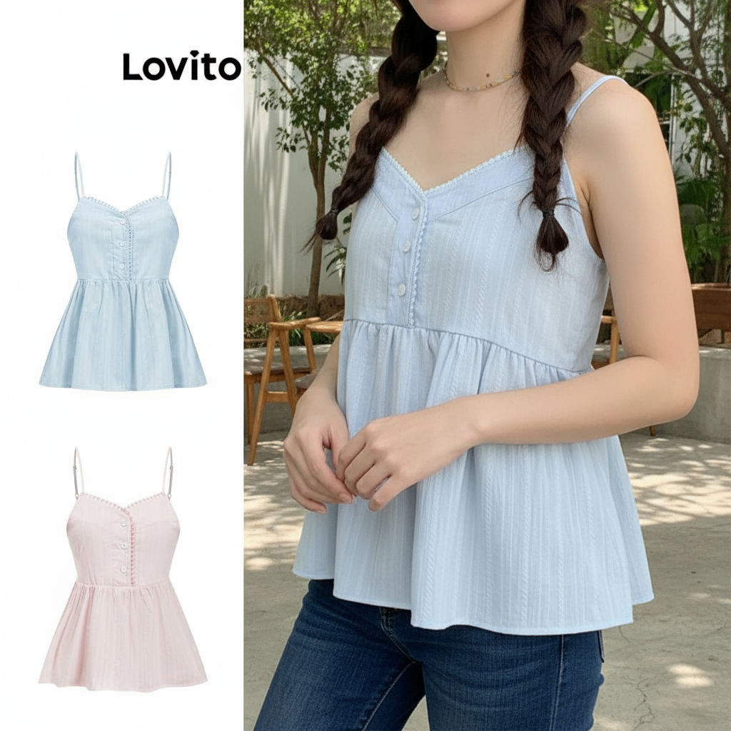 Lovito เสื้อกล้ามน่ารัก เสื้อกล้ามกระดุมคอระบายธรรมดาสําหรับผู้หญิง L79AD025 (หลากสี)\3