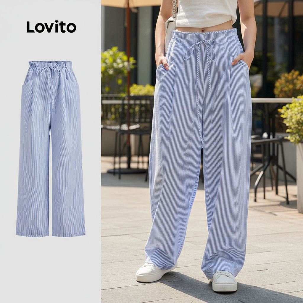 Lovito กางเกงผู้หญิง ลายเชือกรูด แฟชั่นฤดูร้อนและฤดูใบไม้ผลิ L125AD017\3