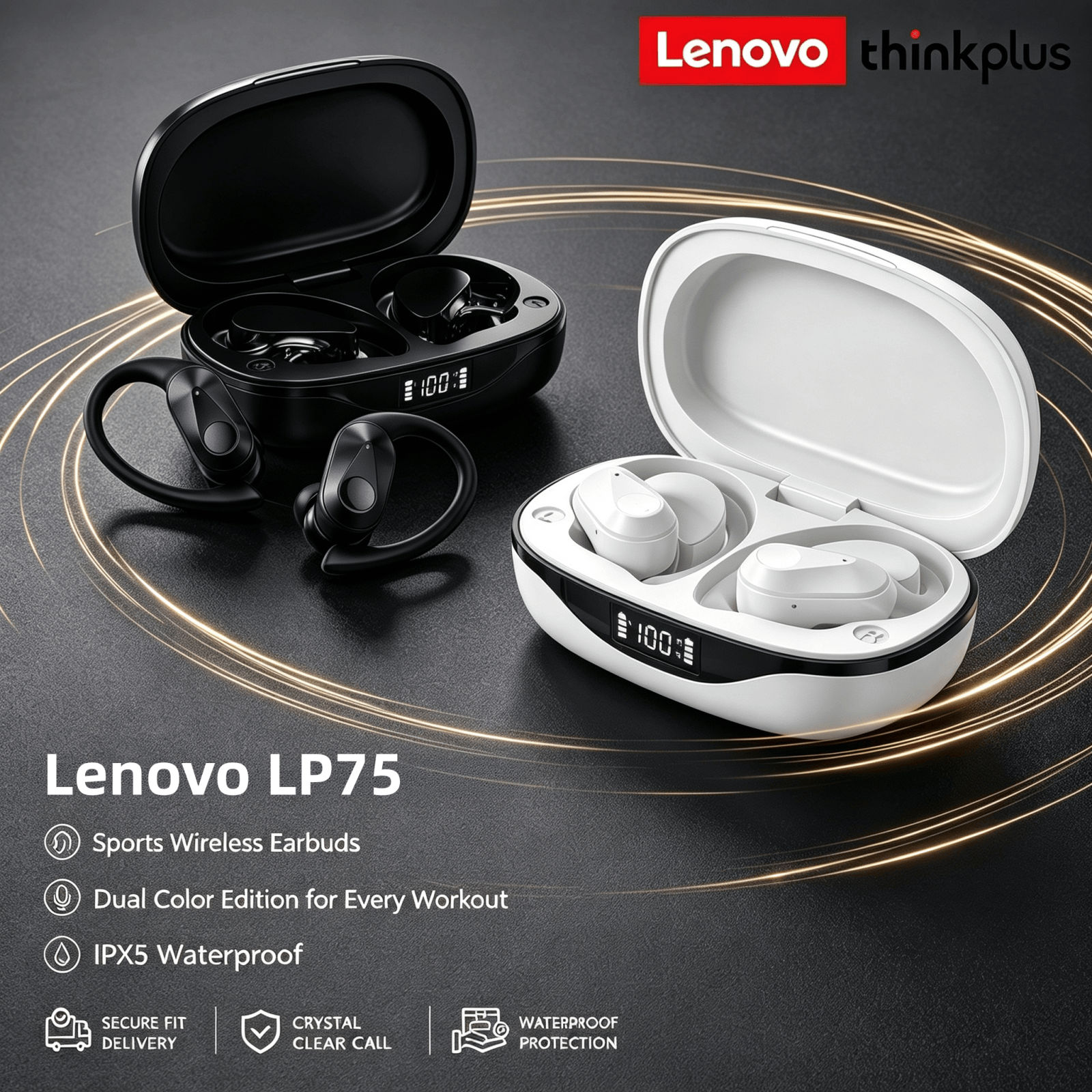 หูฟังไร้สายบลูทูธ Lenovo LP75 กันน้ํา ตัดเสียงรบกวนจากการโทร ออกแบบตามหลักสรีรศาสตร์ สําหรับขับรถ ธุ