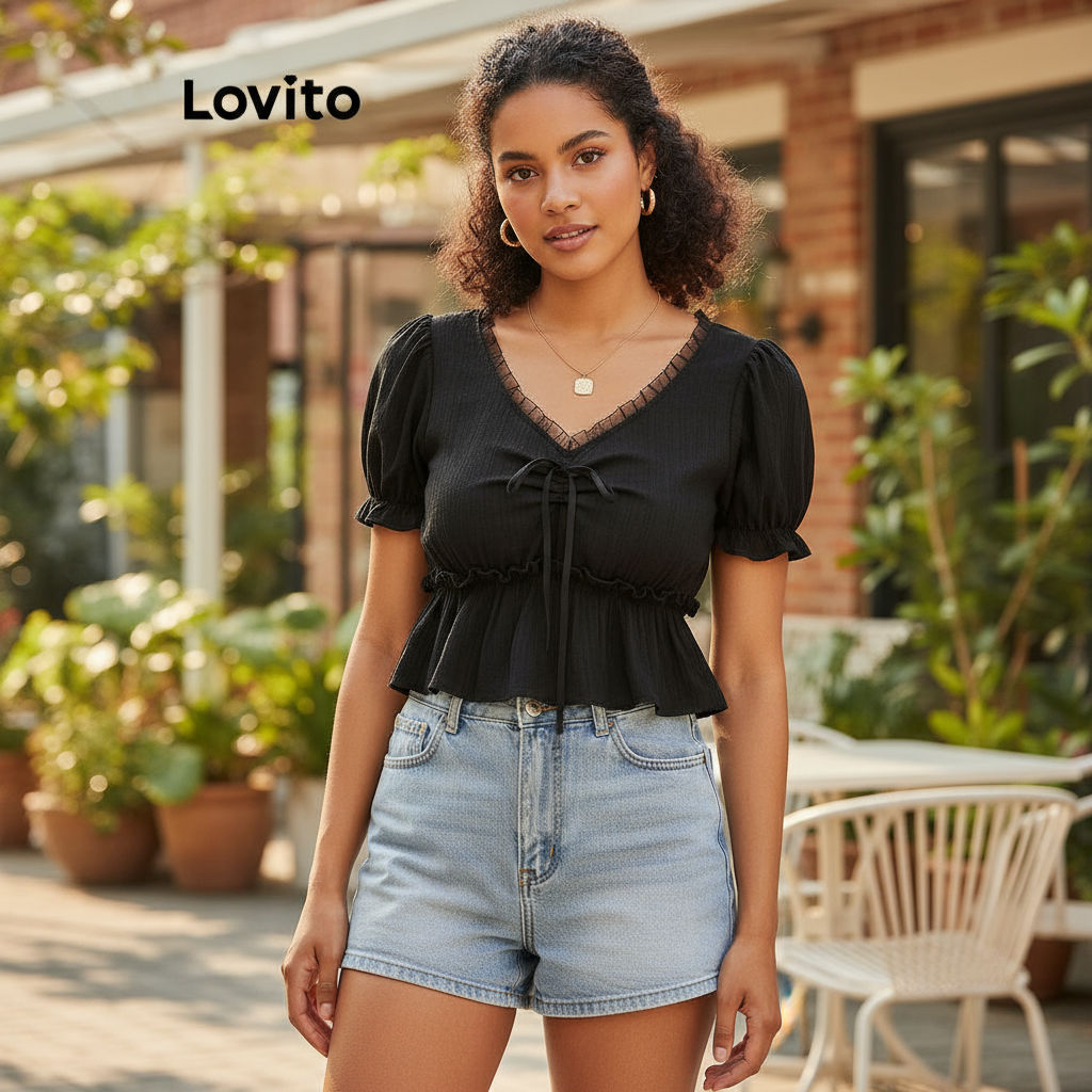 (trendy3)Lovito ฤดูร้อนสบายๆ/ฤดูใบไม้ผลิเสื้อนัวเนียคอเหมโบว์พัฟแขนเสื้อสําหรับผู้หญิง L117AD043