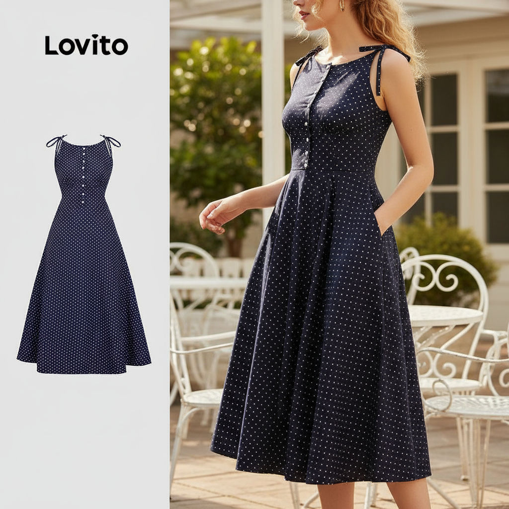 Lovito ชุดเดรสผูกหน้าแต่งกระดุมหน้า ฤดูใบไม้ผลิ/ฤดูร้อน สีน้ําเงินปรัสเซีย L155ED722