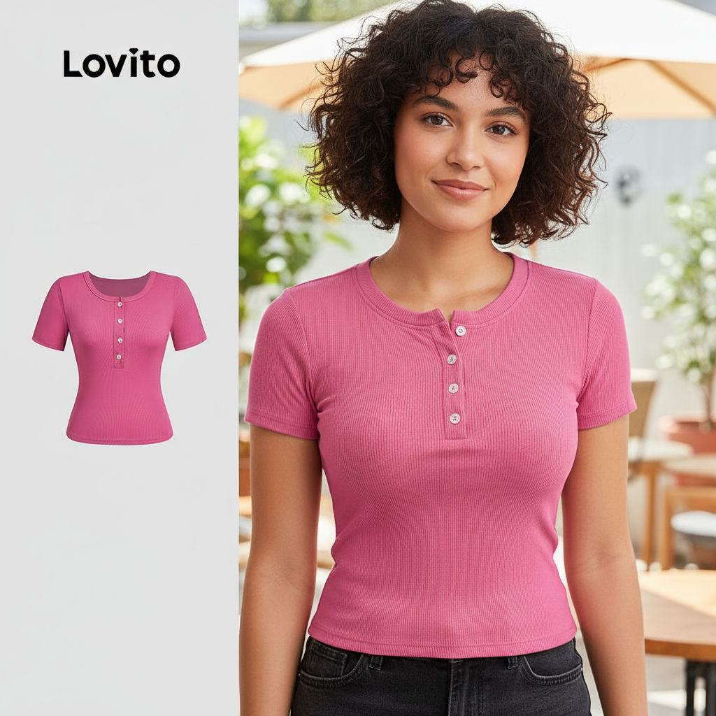 (trendy3)Lovito เสื้อยืดแบบลำลอง ปุ่มด้านหน้า แบบสีสลับ สีแดงกุหลาบ ฤดูใบไม้ผลิ/ฤดูร้อน L138ED425