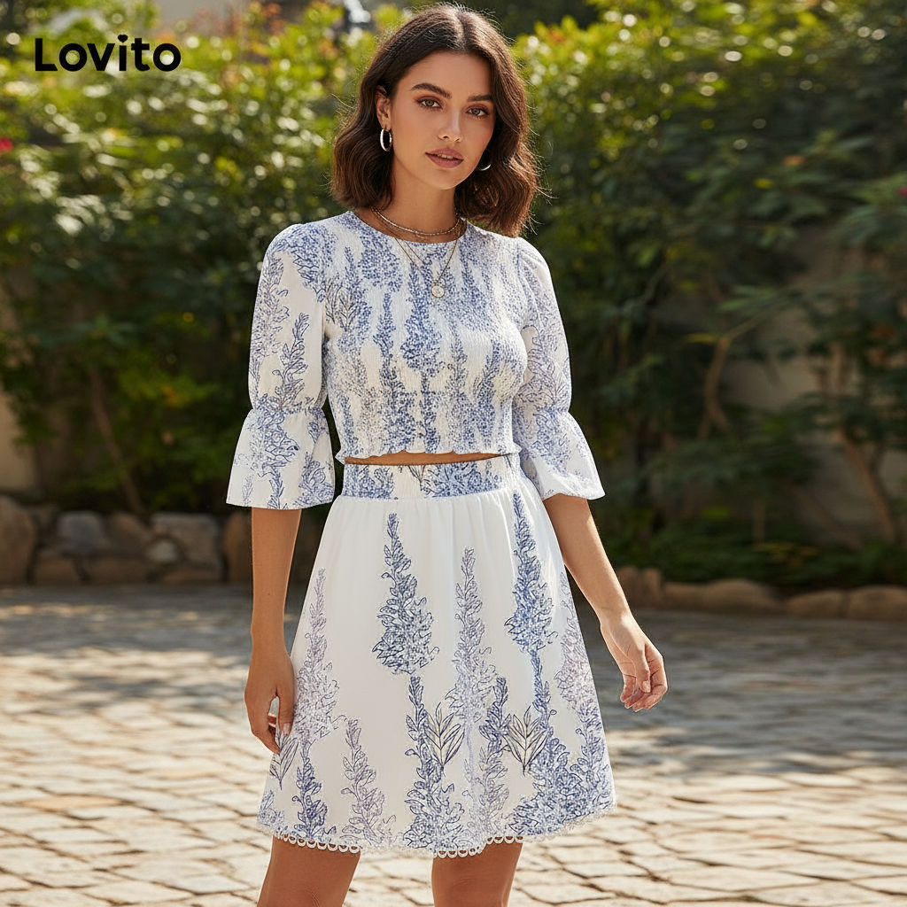 Lovito เสื้อสเวตเตอร์ถักลายดอกไม้คอระบายด้านหน้าสําหรับผู้หญิง LBL18164