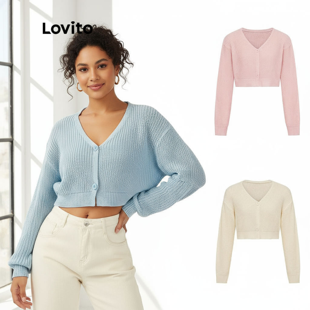 Lovito เสื้อคาร์ดิแกนลําลองเสื้อคาร์ดิแกนสเวตเตอร์ติดกระดุมแขนยาวคอวีสีพื้นสําหรับผู้หญิง L21LT110 (