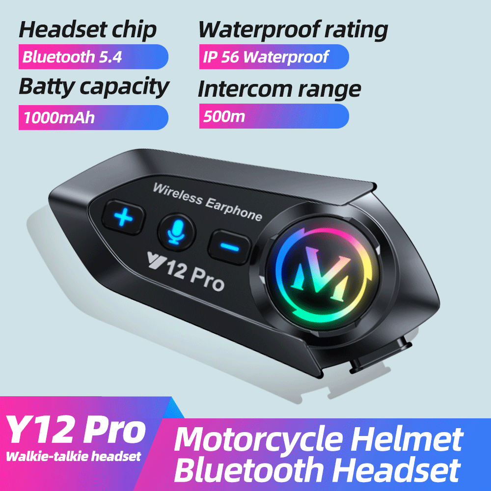 หูฟังบลูทูธติดหมวกกันน็อค Y12 Pro สื่อสาร对讲ระยะ 500 เมตร พูดคุยแบบทีมสองคน แชร์เพลง ผสมเสียงอัจฉริยะ