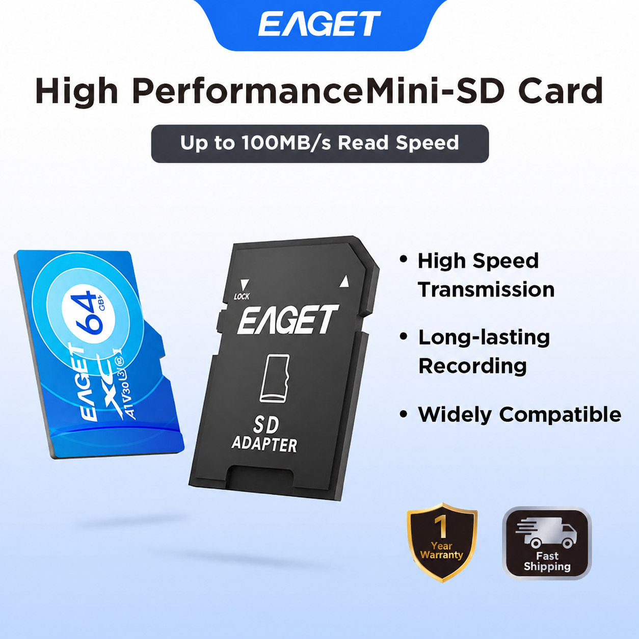ชุดการ์ด EAGET Micro SD Card TF Card + อะแดปเตอร์ความเร็วสูง 100MB/s มาตรฐาน A1 V30 สําหรับกล้องติดร