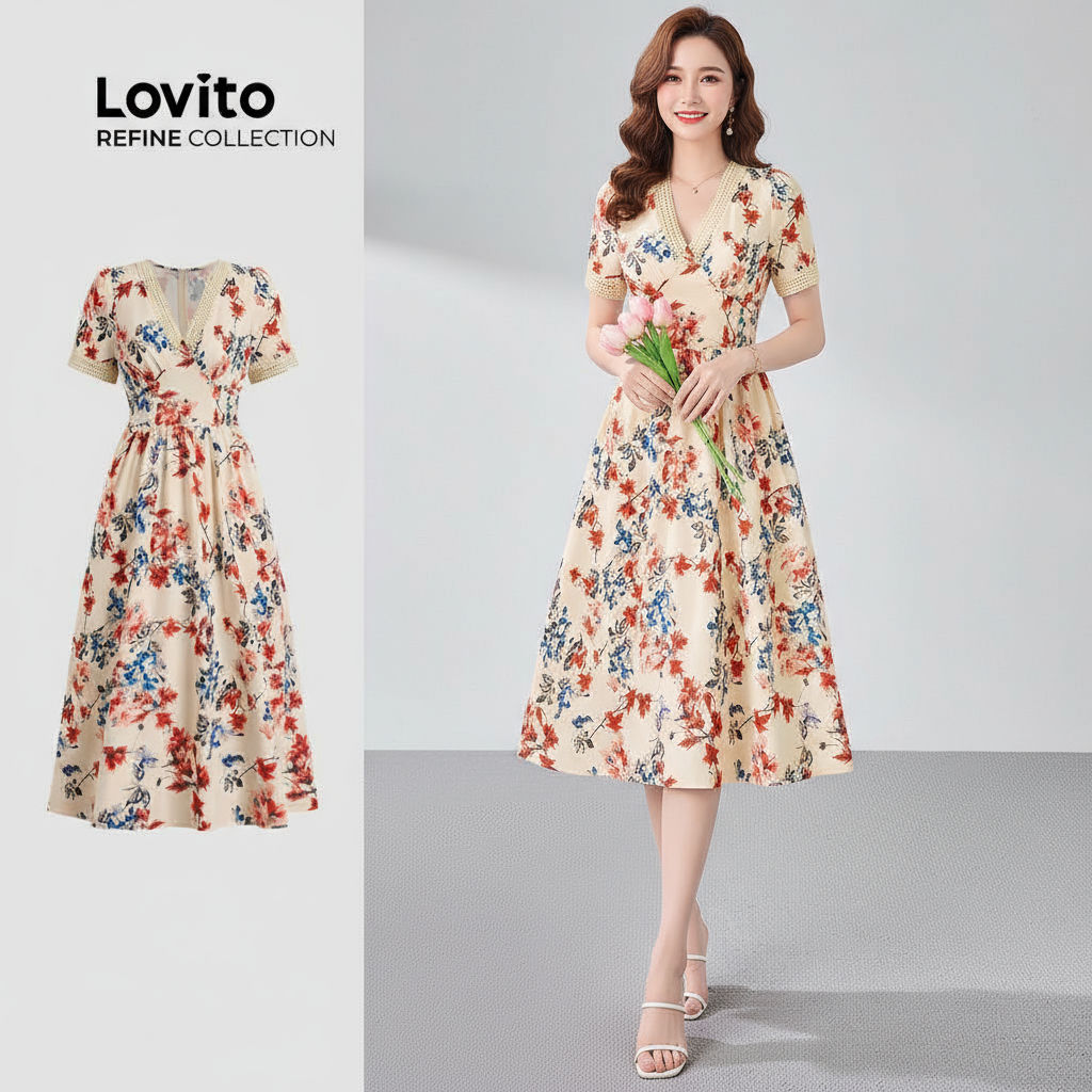 trendy3-(Lovito Refine) ชุดเดรสโบฮี ริ้ฟเฟิลคอ สบายและนุ่มสำหรับสุภาพสตรีในฤดูใบไม้ผลิ/ฤดูร้อน LR12E