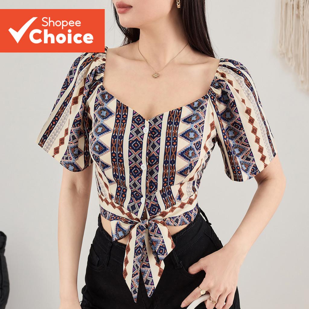 ผู้หญิง Boho เสื้อเรขาคณิต Lace Up เสื้อฤดูร้อน L124AD417