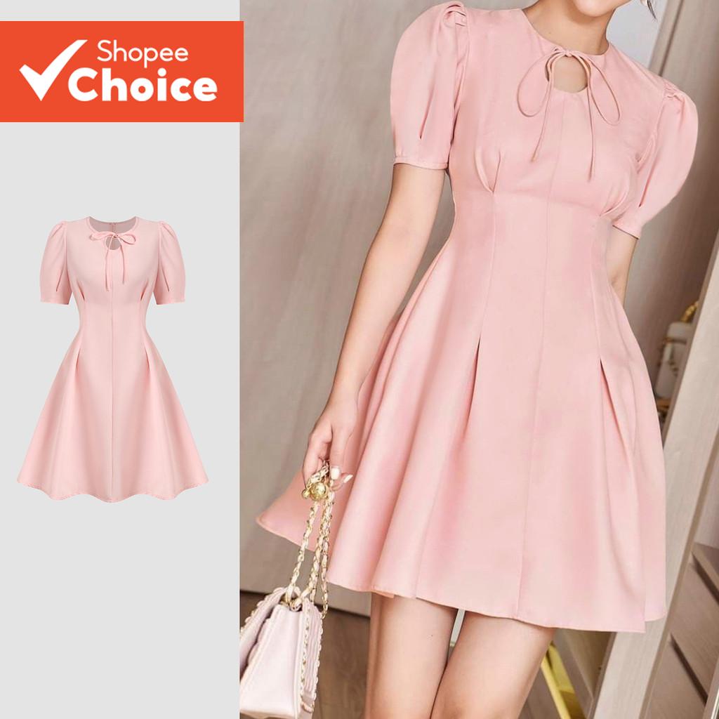 B135-JUN25-B-2- เดรสสั้นแขนพองดีไซน์คอเว้าผูกเชือกสําหรับผู้หญิง แฟชั่นลําลอง - DRB135P2D148