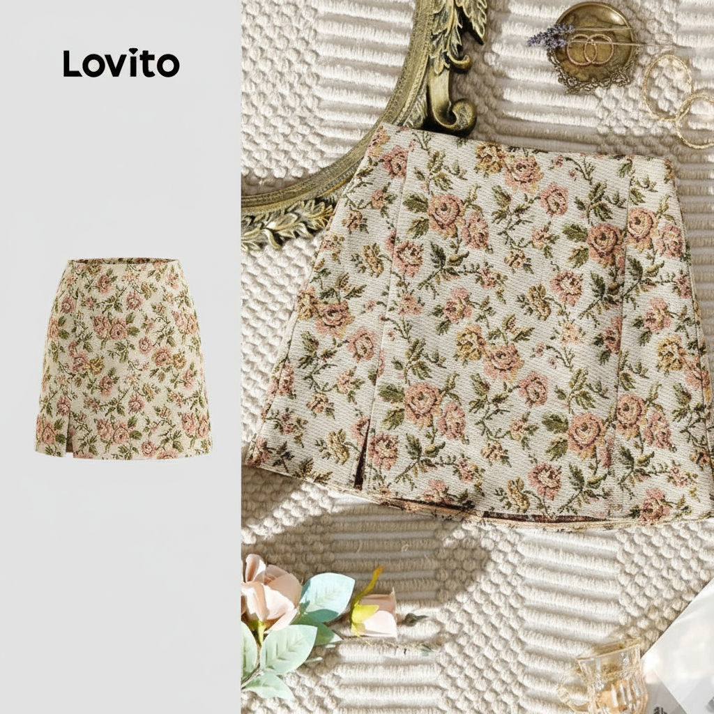 Lovito กระโปรงผู้หญิงผ้าแจ็คการ์ดลายดอกหรูหรา L124AD789