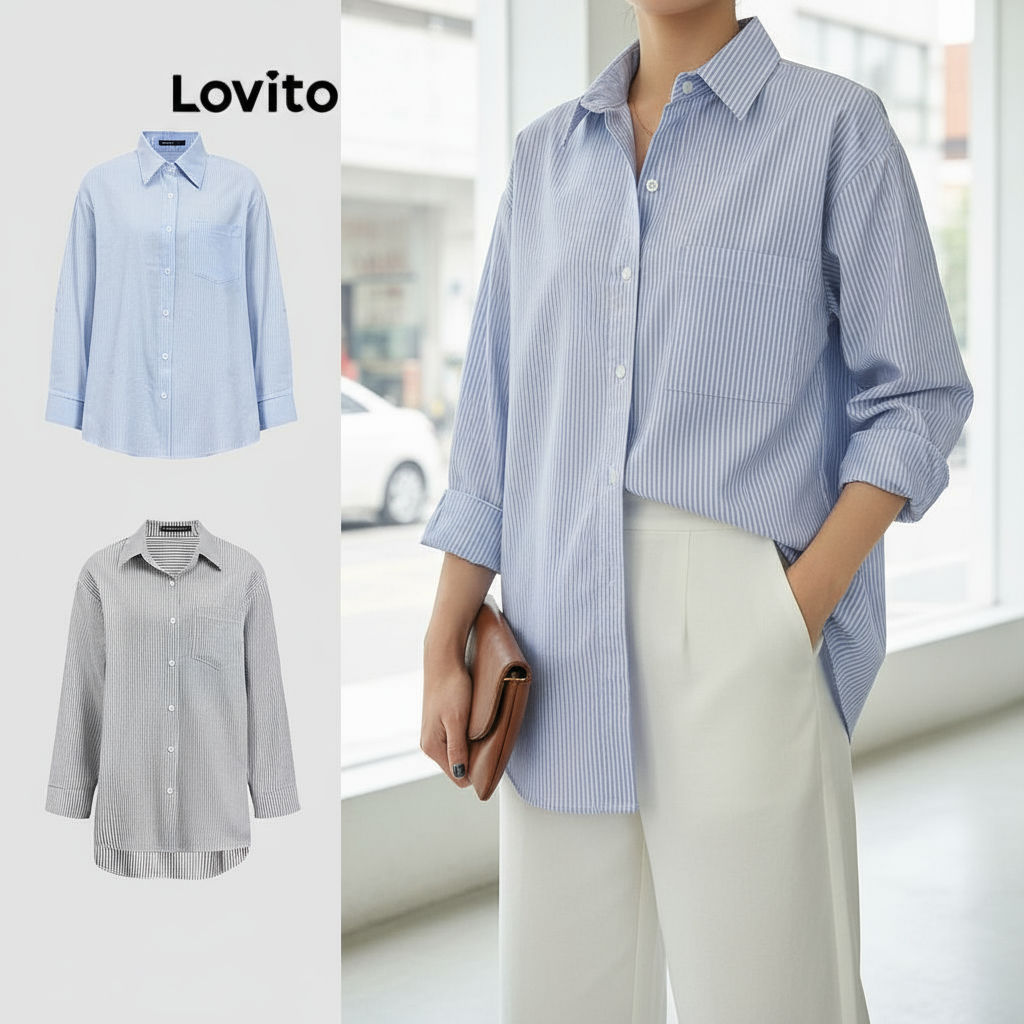 Lovito เสื้อเชิ้ตผู้หญิงลายกระดุมเดรป L90AD060 (หลากสี)\6