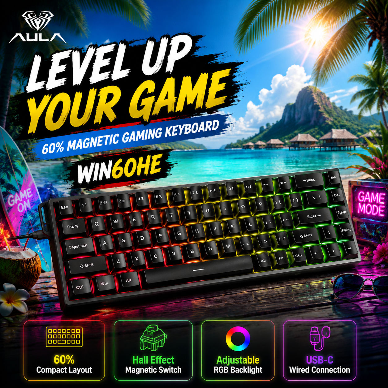 คีย์บอร์ดเกมมิ่งแบบกลไก AULA WIN60 HE มาตรฐาน มีสาย สวิตช์แม่เหล็ก สีเทา สวิตช์ไม้ ฮอลล์เอฟเฟกต์ Rap