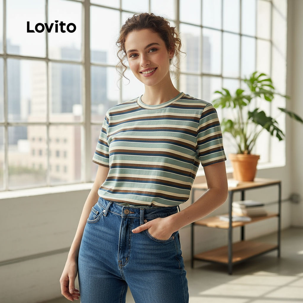 Lovito เสื้อคอวีลําลองผู้หญิง สไตล์มินิมอล สายเดี่ยวข้าง สําหรับฤดูใบไม้ผลิ/ฤดูร้อน รุ่น L155ED633