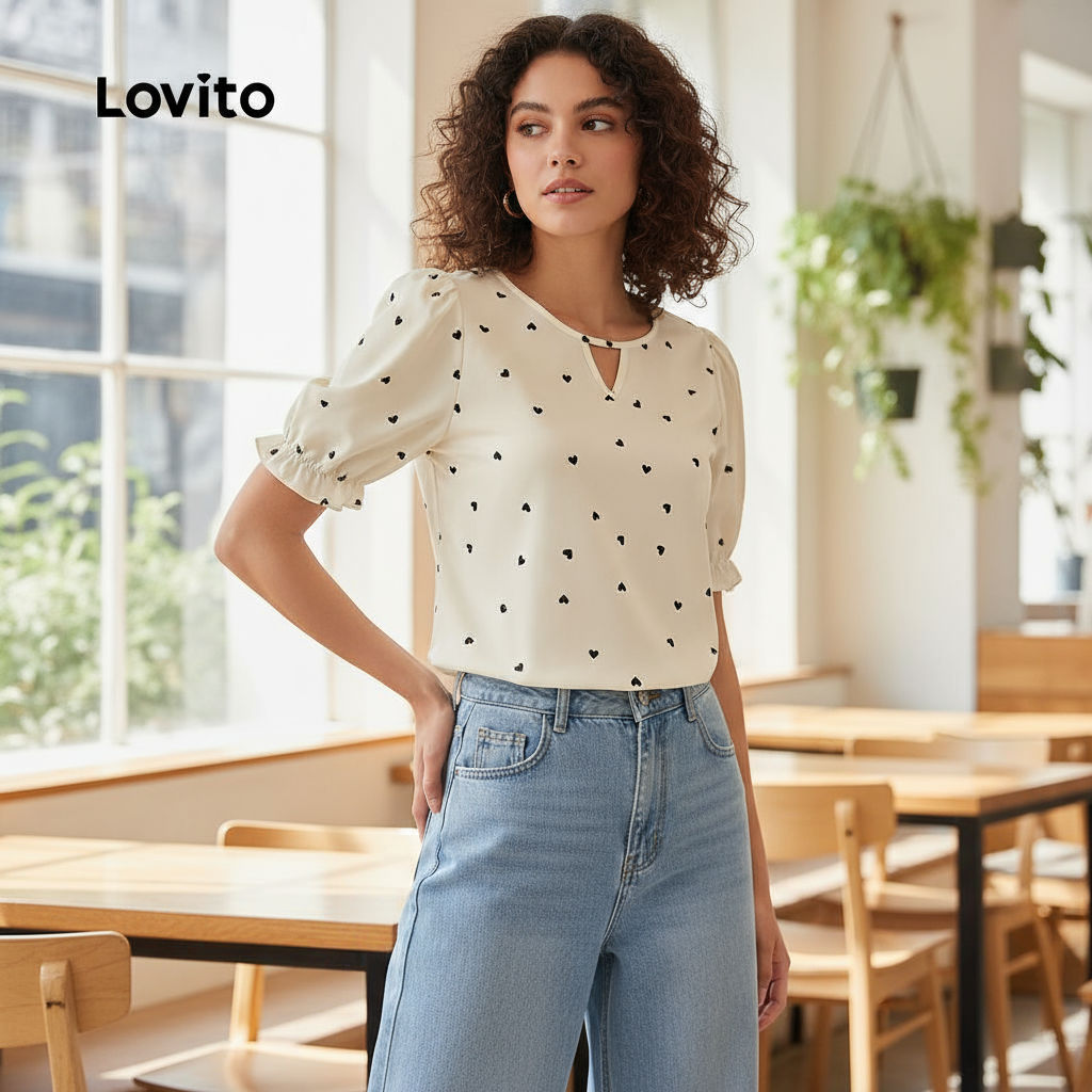 Lovito เสื้อเบลาส์ลําลอง แต่งระบายคอ บางเบา สบาย สไตล์ฤดูใบไม้ผลิ/ฤดูร้อน สีแอปริคอท L137ED661