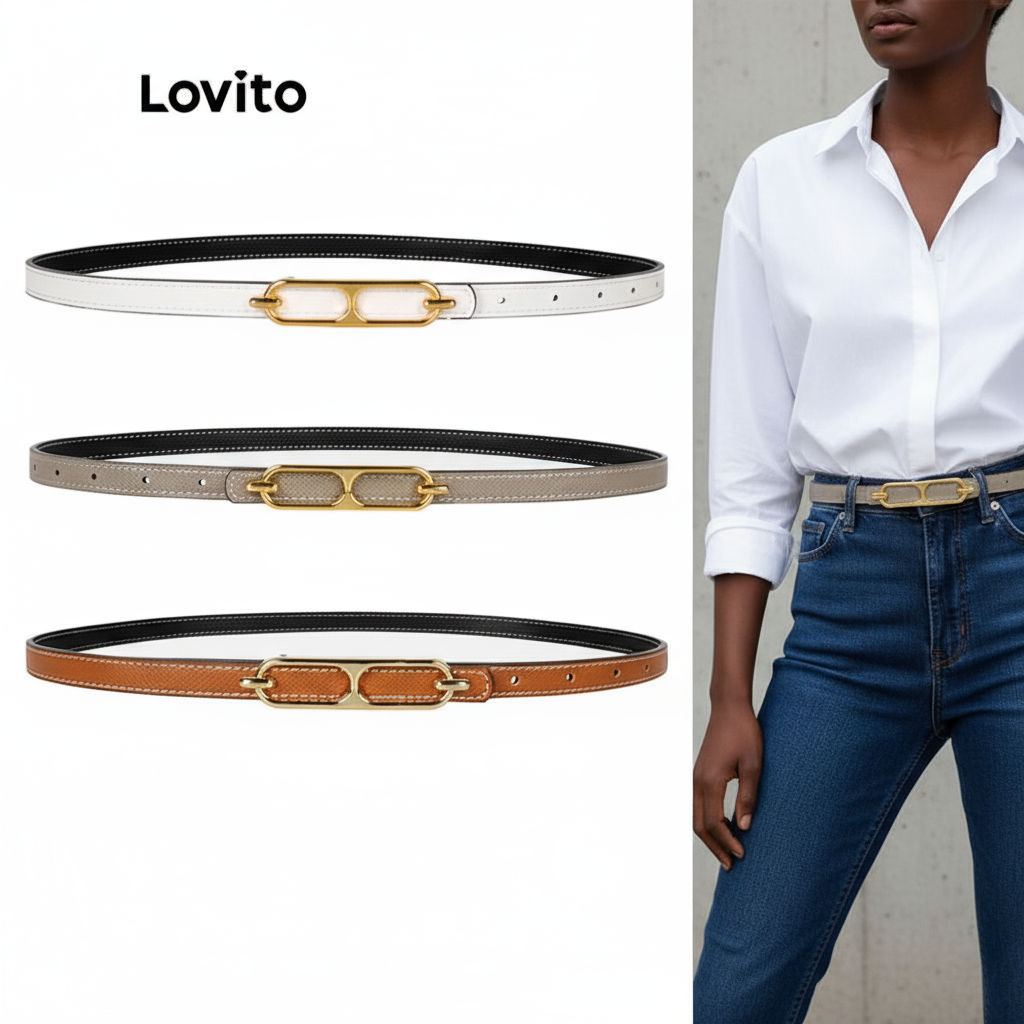 Lovito เข็มขัดผู้หญิง เข็มขัดสองด้าน ปรับระดับได้ ดีไซน์เรียบง่าย สําหรับผู้หญิง L46ED016 (สีน้ําตาล/สีเบจอ่อน/สีขาว)