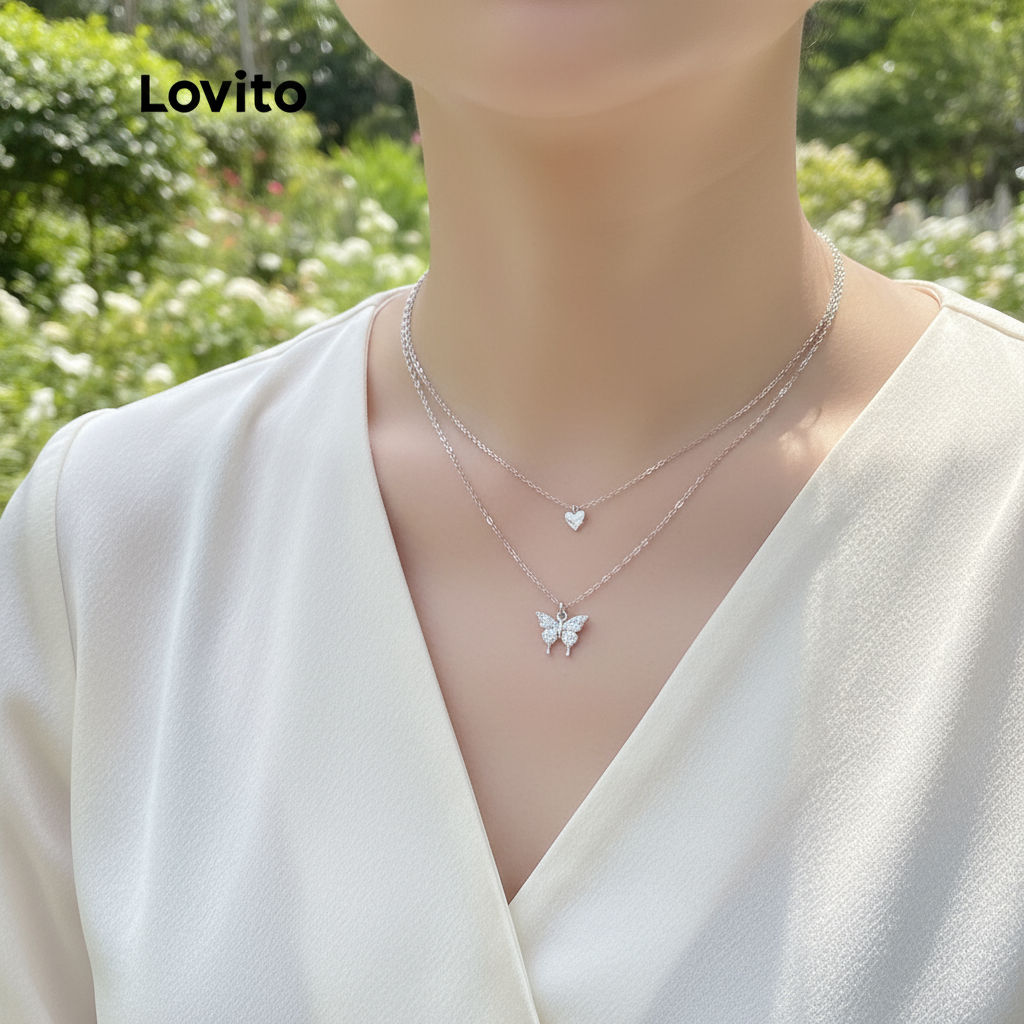 Lovito สร้อยคอ จี้รูปผีเสื้อ ผู้หญิง LNA14108 สีเงิน\2