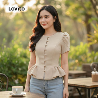 Lovito Elegant Women's Pleated Khaki Blouse for Spring/Summer L154ED440