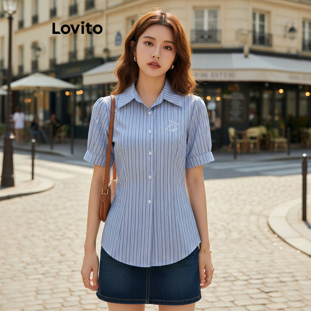 Lovito เสื้อเชิ้ตแขนพองปักลายกระดุมหน้า สําหรับผู้หญิง L58AD035 (สีฟ้า)