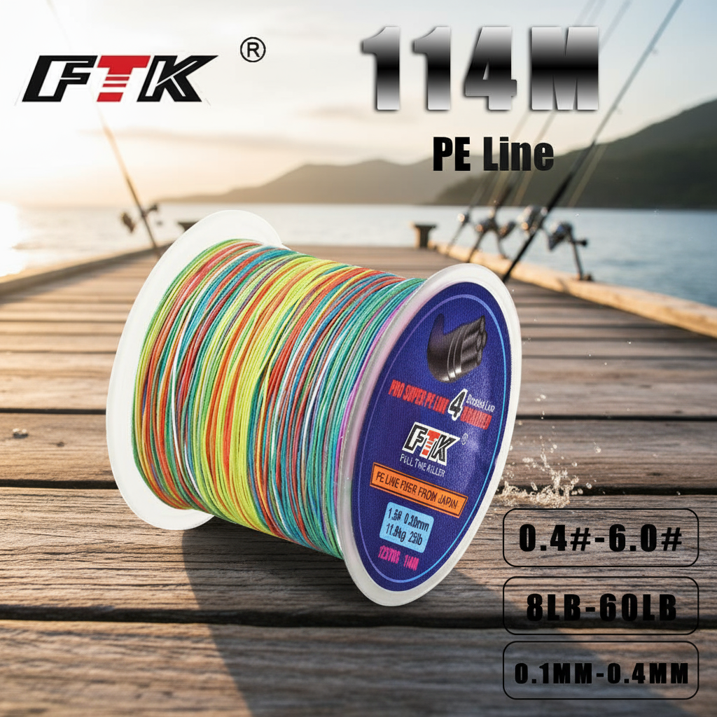 สายเบ็ดถัก PE FTK 114M, 8-60LB, 0.1-0.4mm, 4 เส้น, หลายสี (115M)