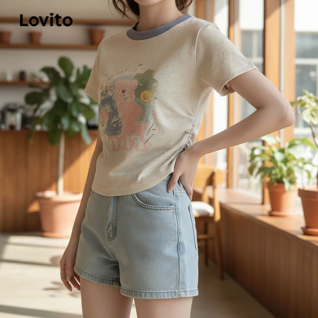 Lovito เสื้อยืดผู้หญิงลายการ์ตูนสําหรับใส่ลําลอง รุ่น LNA65286