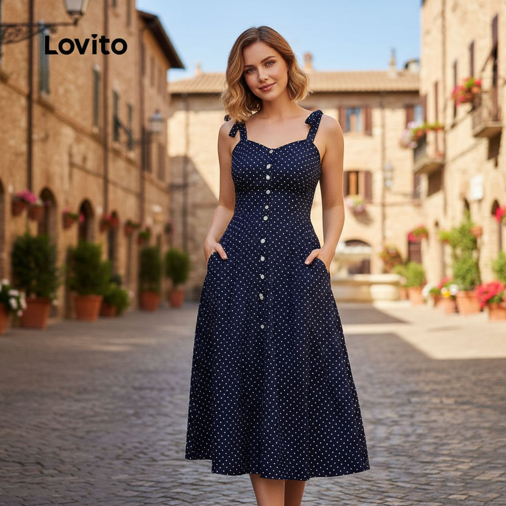 Lovito ชุดเดรสผูกโบว์ด้านหน้า สีน้ําเงินปรัสเซีย สไตล์ฤดูใบไม้ผลิ/ฤดูร้อน L155ED722