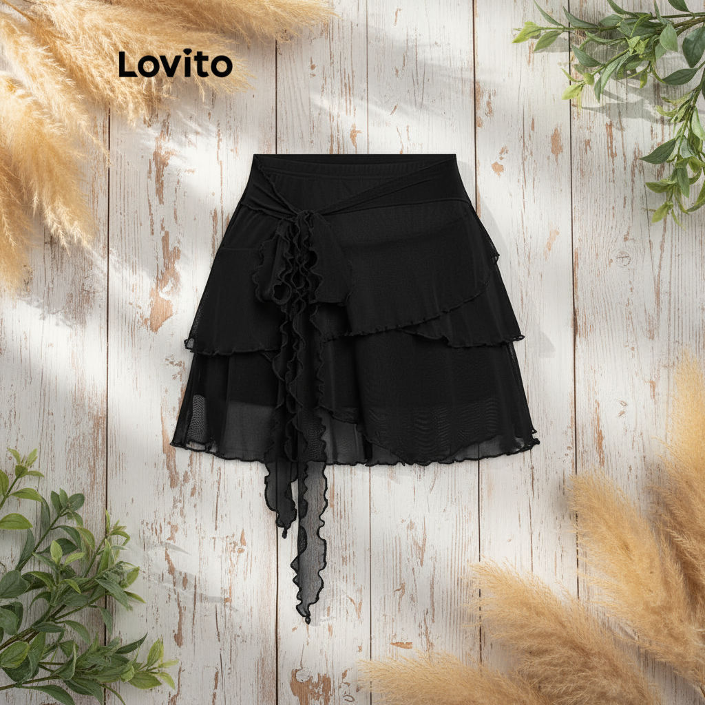 Lovito กระโปรงลําลองผู้หญิง ชายระบาย ทรงเดรป สไตล์เรียบง่าย รุ่น L110AD213