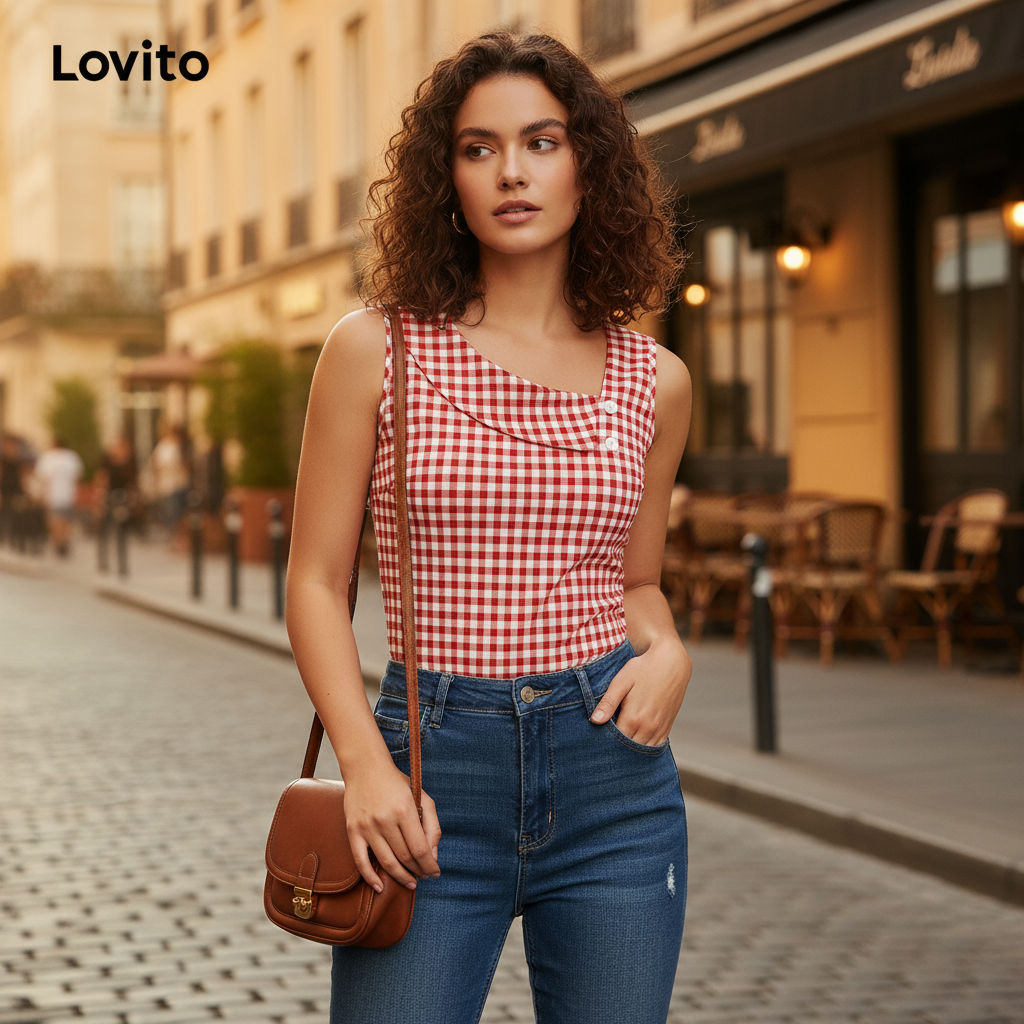 (trendy3)Lovito เสื้อกล้ามลายสก็อตไม่สมมาตรสไตล์คริสต์มาสสำหรับผู้หญิง L108ED017