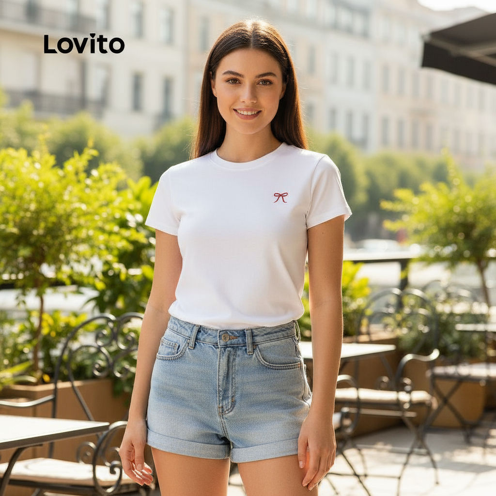 Lovito เสื้อยืดผู้หญิง กระดุมหน้า ลายเรียบ ใส่ลําลอง L133AD375