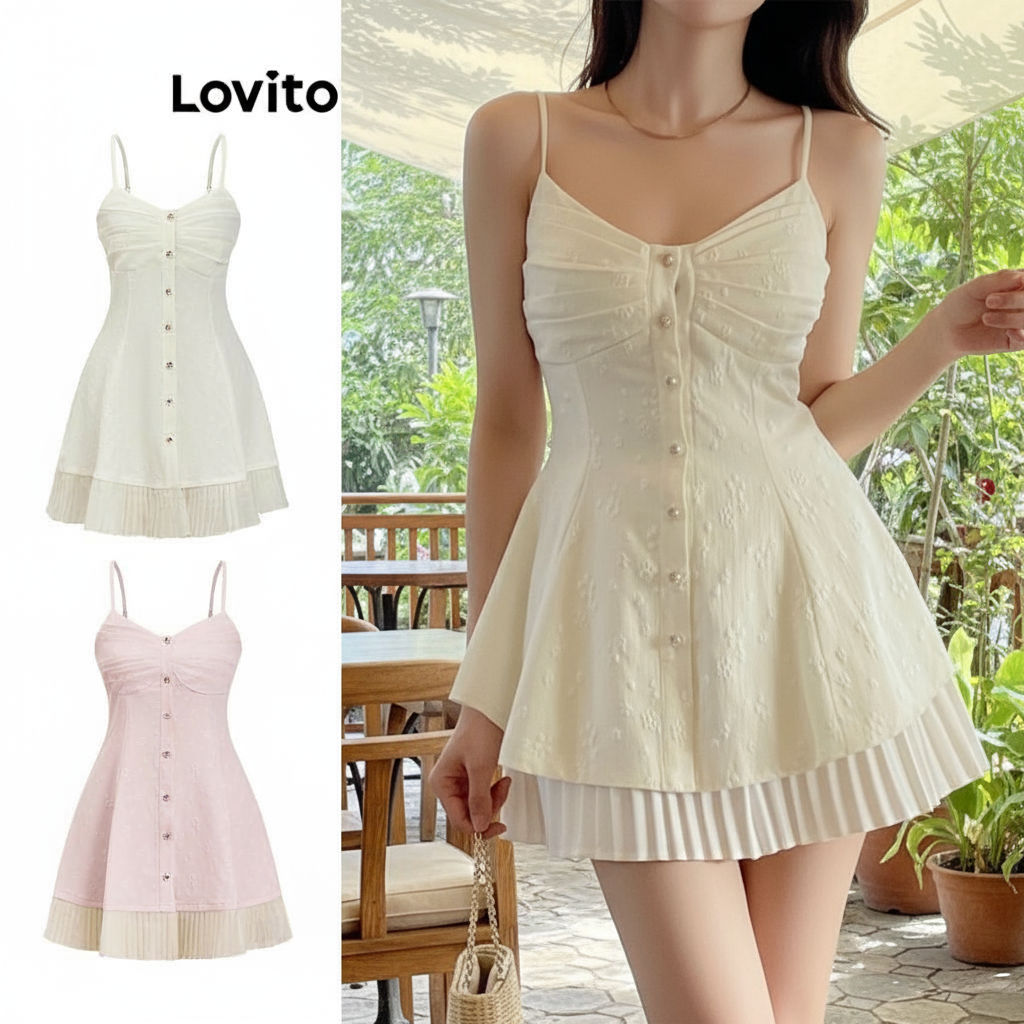 Lovito เดรสผู้หญิงสไตล์ลําลอง ทรงกระดุม ผ้าแจ็คการ์ดจับจีบ เหมาะกับฤดูร้อน L86ED347\5