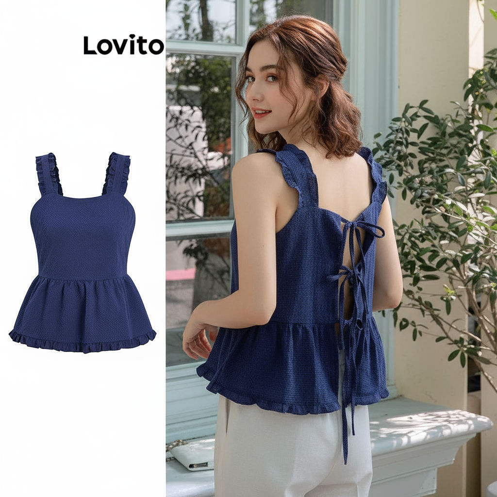 trendy6-Lovito เสื้อกล้ามลําลอง ลายกิงแฮมระบายชายเสื้อTie เสื้อกล้ามด้านหลังสําหรับผู้หญิง L96MD168