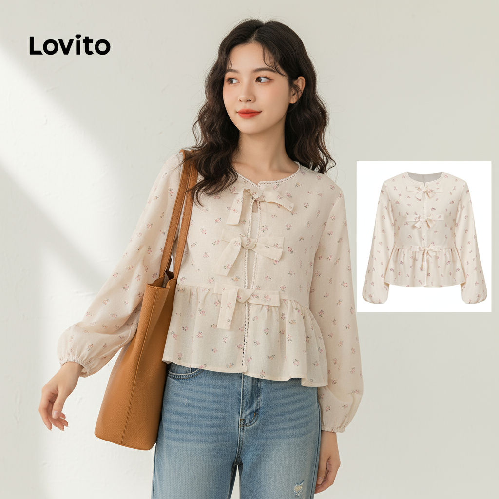 Lovito เสื้อเบลาส์ลูกไม้ผูกหน้า ลายดอกไม้สไตล์น่ารัก L106AD869